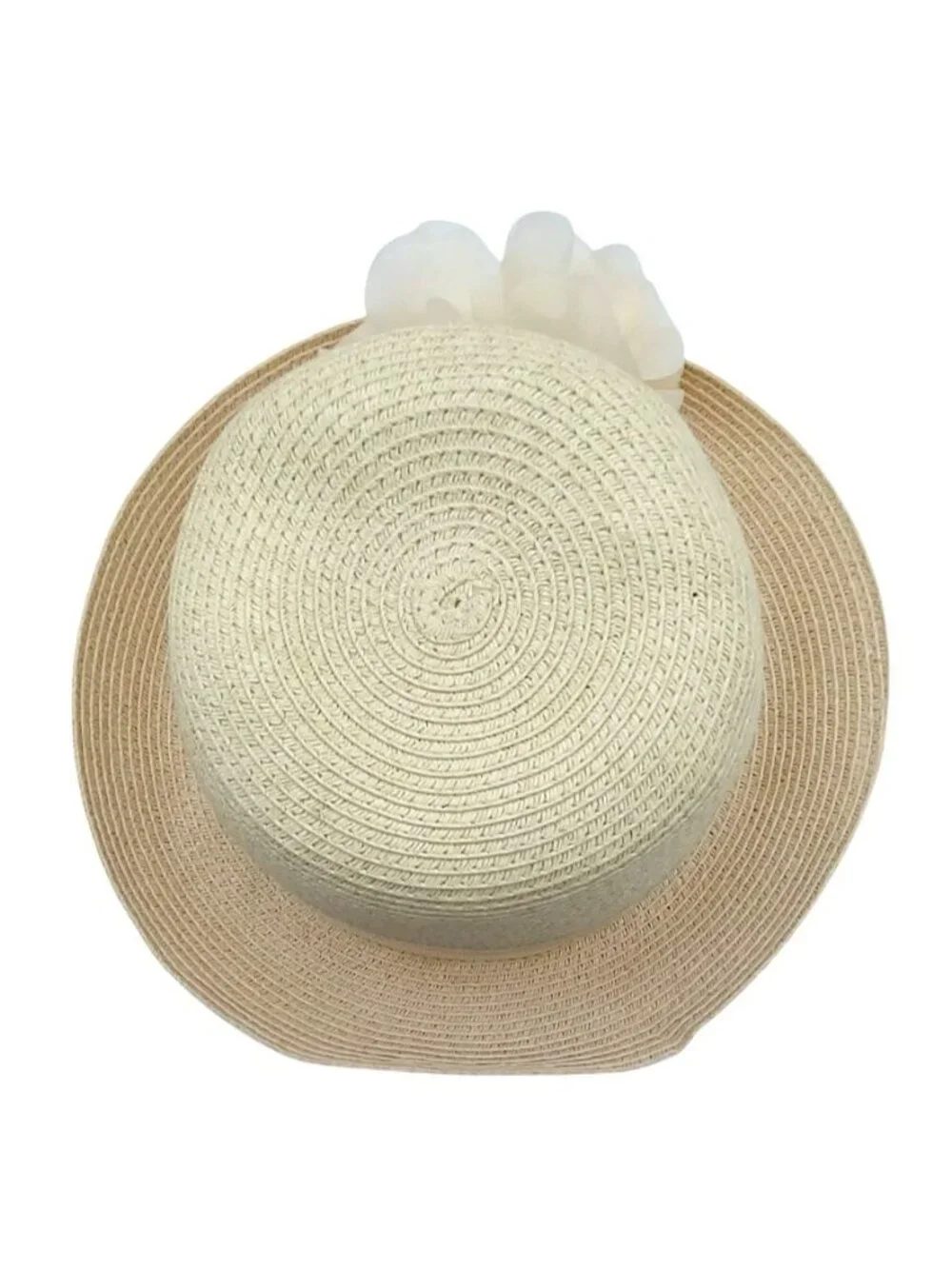 Womens Beige Straw Hat Wide Grosgrain Ribbon Band & Fabric Flower Summer Boho